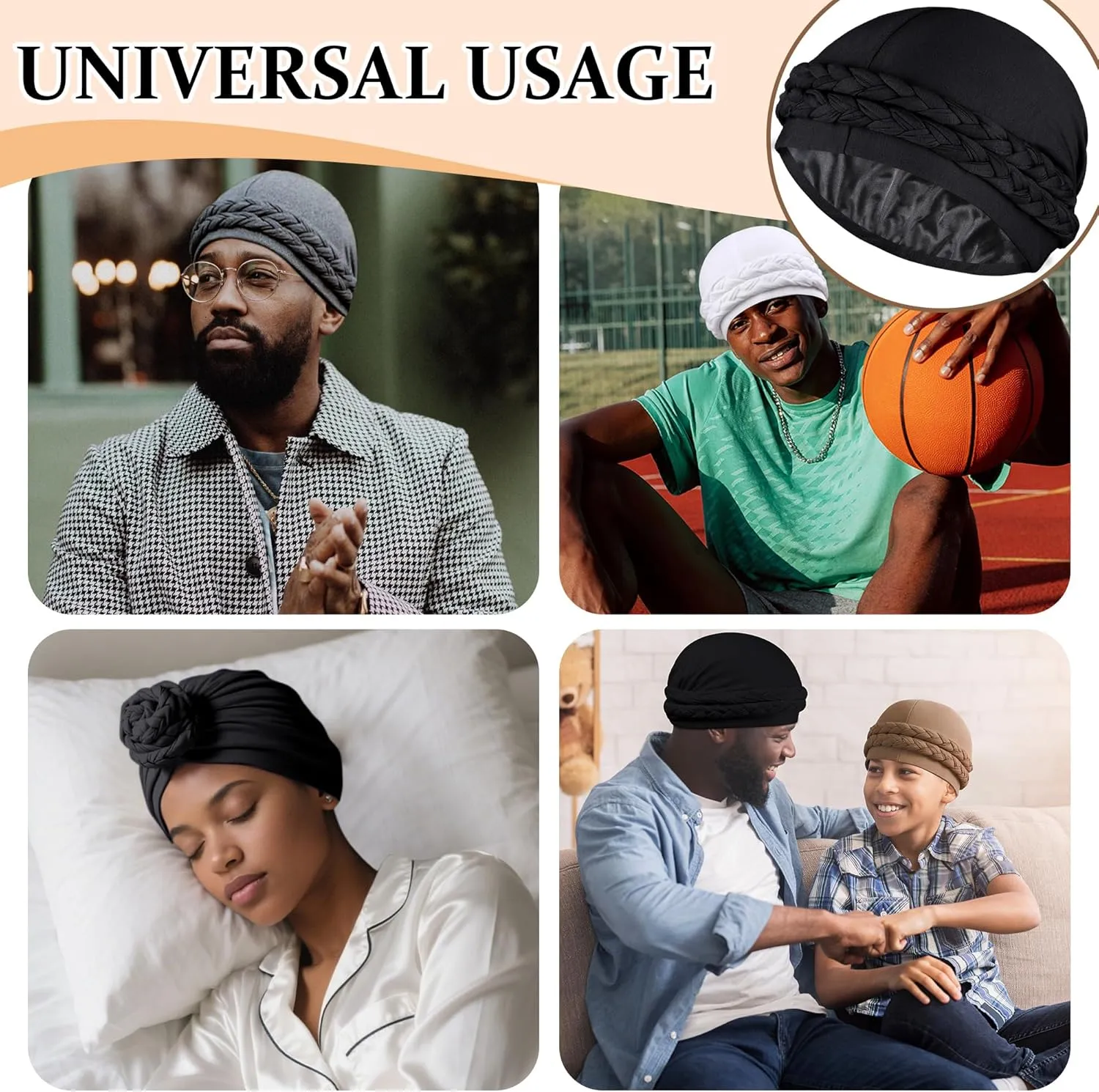 Ababalaya Satin Lined Turban for Women Mens Halo Turban Silky Lined Durag for Waves Braids Locs Sleeping Bonnet Sleep Cap