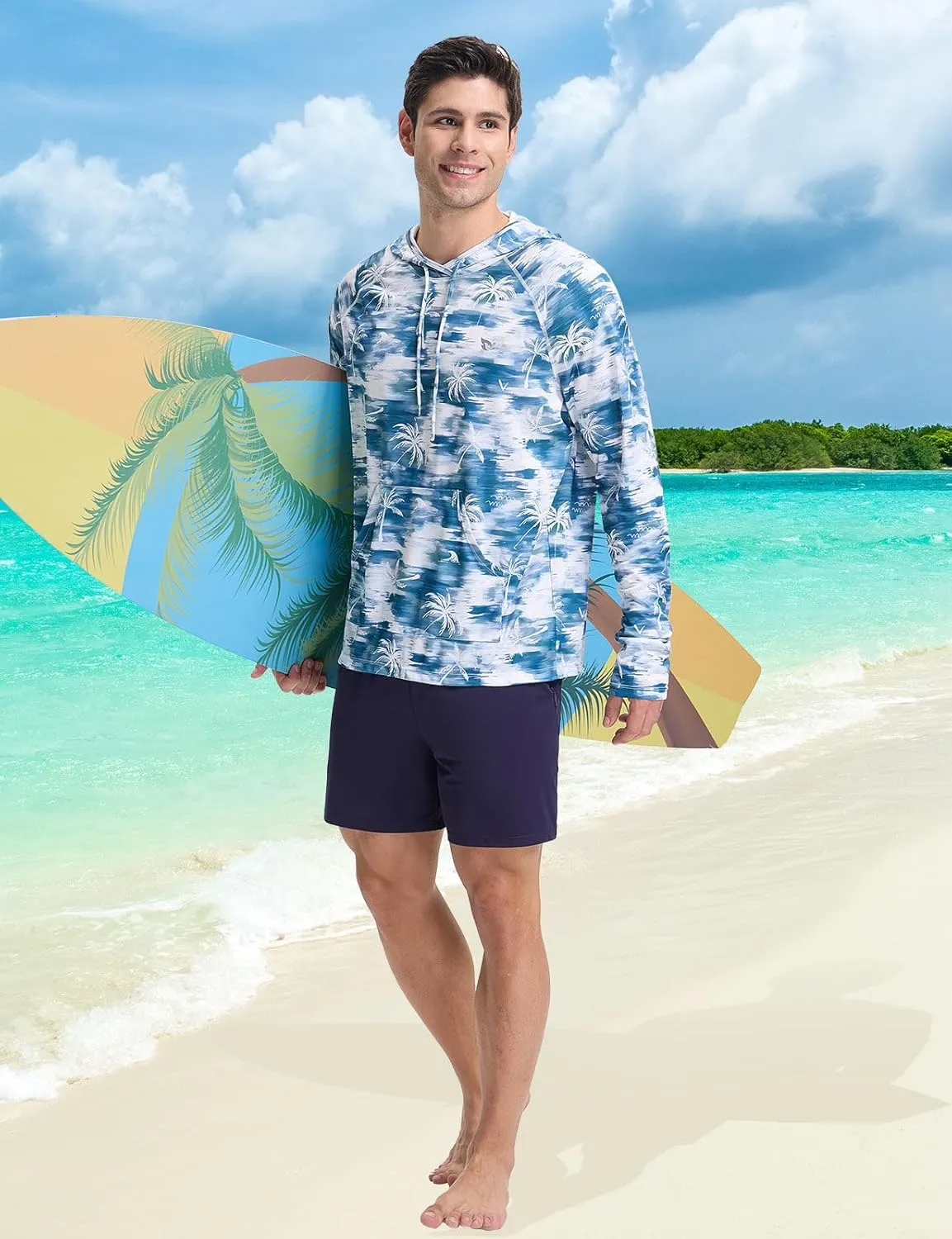 baleaf Men's Rash Guard with Kangaroo Pocket UPF 50  Swim Shirts Long Sleeve Water Sun Protection Hoodie Swimsuit