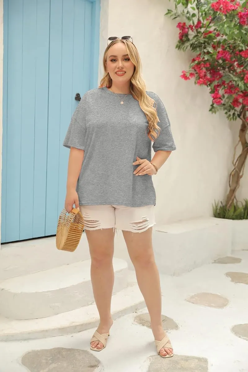 Fisoew Women's Plus Size T Shirts Oversized Tees Summer Half Sleeve Crew Neck Tunic Tops