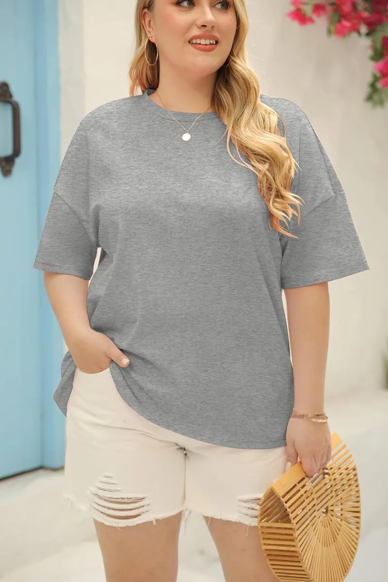 Fisoew Women's Plus Size T Shirts Oversized Tees Summer Half Sleeve Crew Neck Tunic Tops