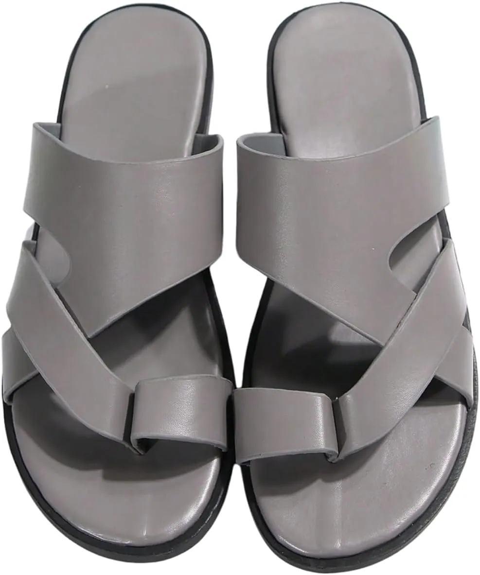 GORGLITTER Men's Beach Leather Sandals 2025 Slide Footwear Round Flip Flops Pu Slip On Slippers