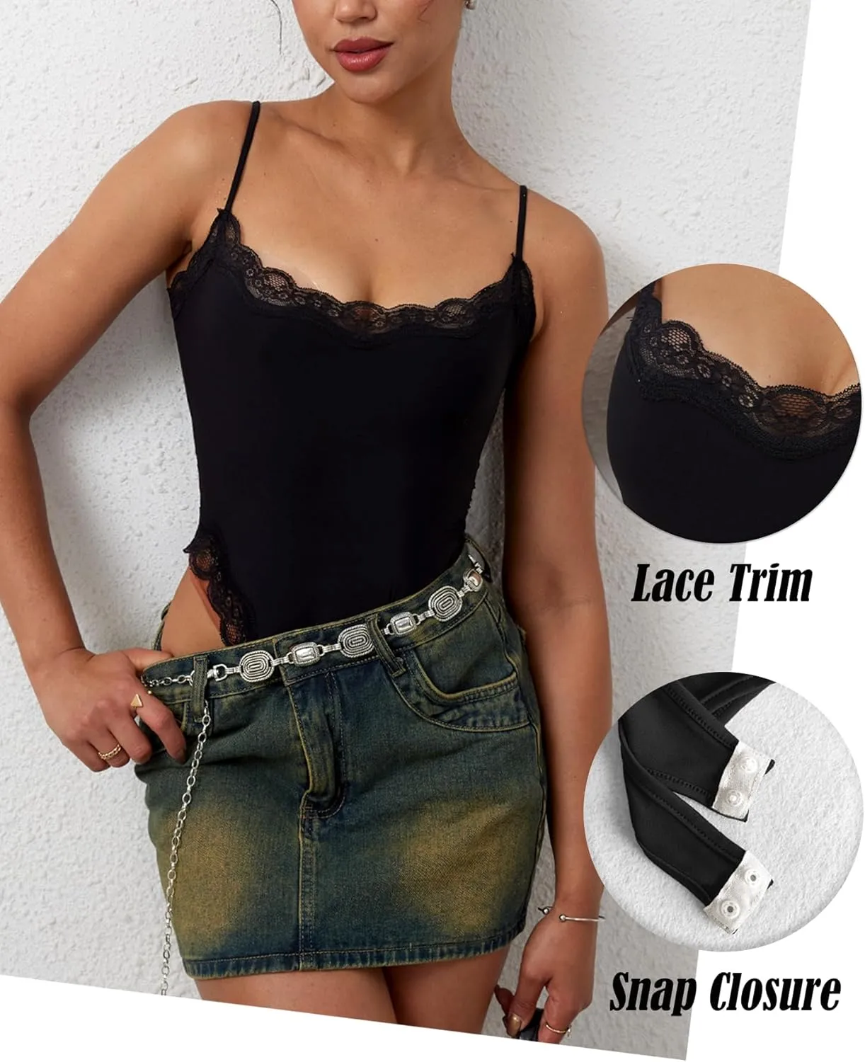 Navneet Women Sexy Lace Bodysuit Lace Trim High Cut Thong Spaghetti Strap Cami Bodysuit Going Out Tank Tops Body Suit